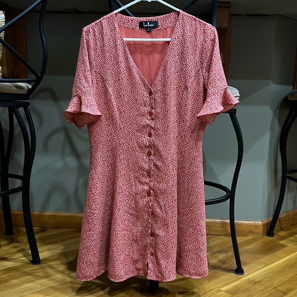 Lulus Dress - color is along a orangey-red color. Super cute and flattering!